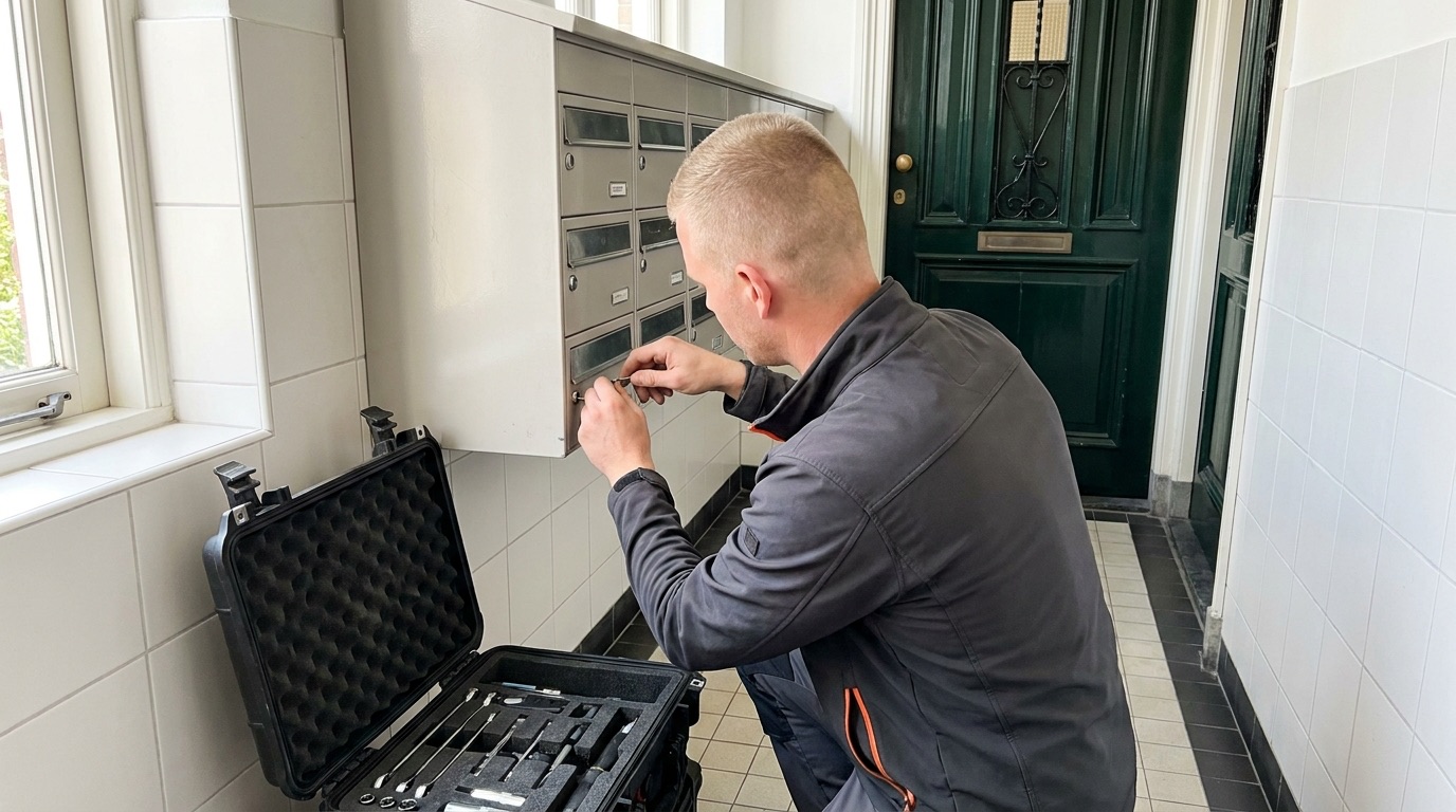 Slotenmaker repareert een brievenbusslot in een Amsterdams portiek