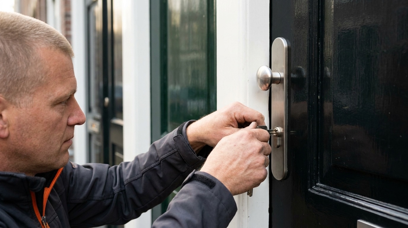 Slotenmaker draait een sleutel in een nieuwe cilinder