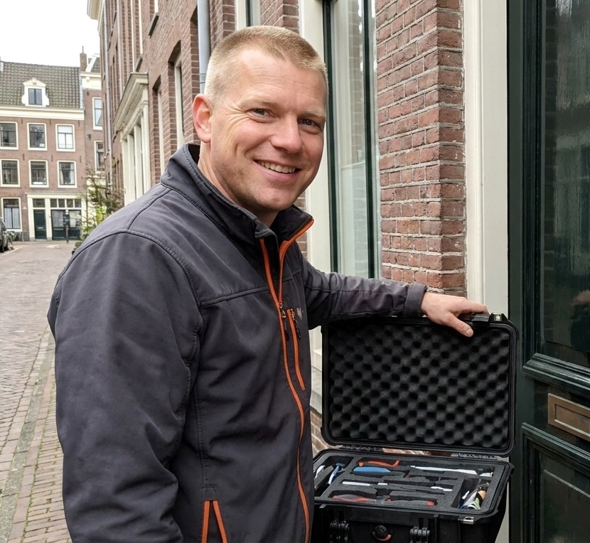 Onze slotenmaker met zijn gereedschapskoffer in een Amsterdamse straat