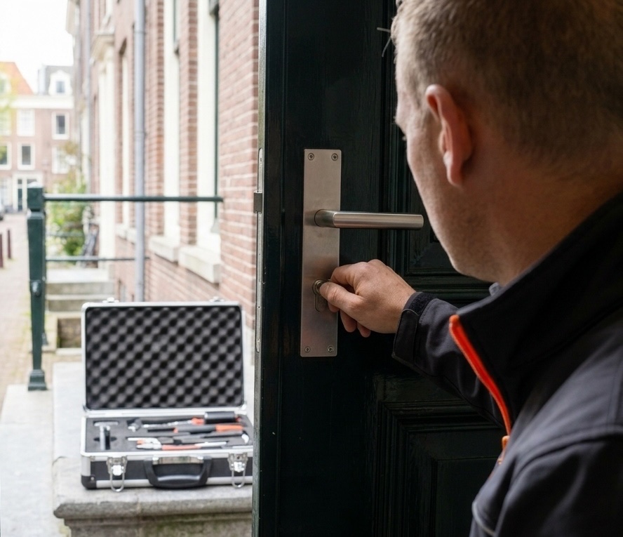 Slotenmaker test de sleutel bij een geopende voordeur